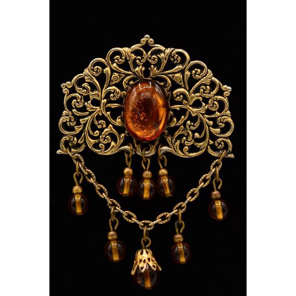Cabochon Amber Brooch Pin Antiqued Gold Jelly Beaded Chain Dangle Vintage Bin5A - Picture 3 of 12